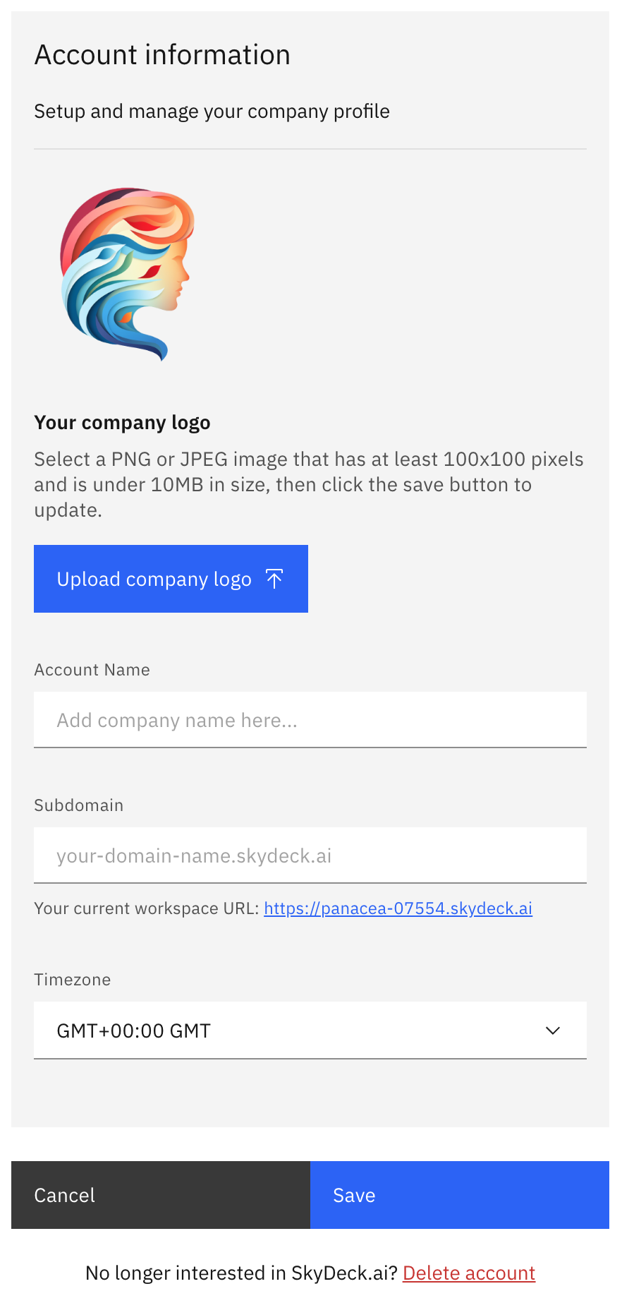 pestaña de perfil de la empresa